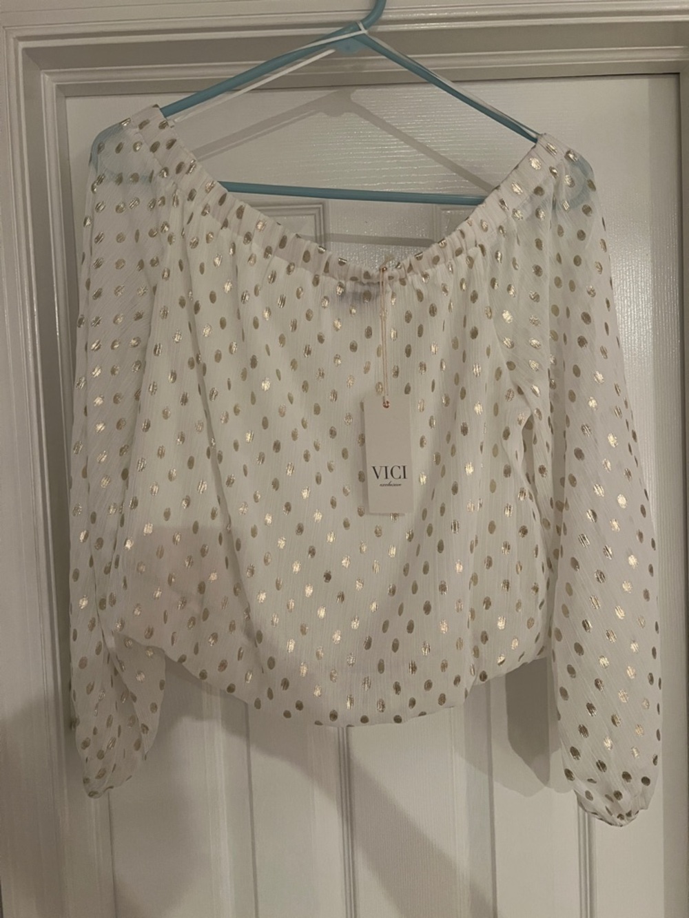 Vici White Off-Shoulder Blouse with Gold Metallic Dots